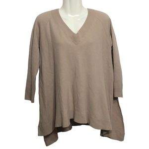 Lafayette 148 Sweater Camel Brown Wool V-Neck Hi-Low Hem